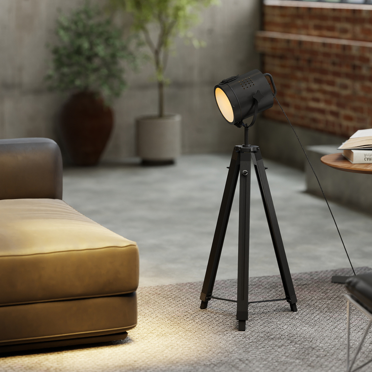 HOMCOM Industrial Tripod Floor Lamp Wood Height Adjustable Spotlight, Black