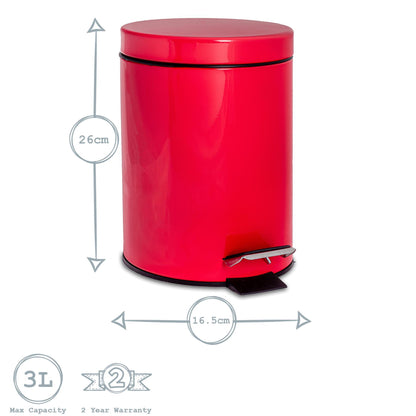 3L Red Round Stainless Steel Bathroom Pedal Bin