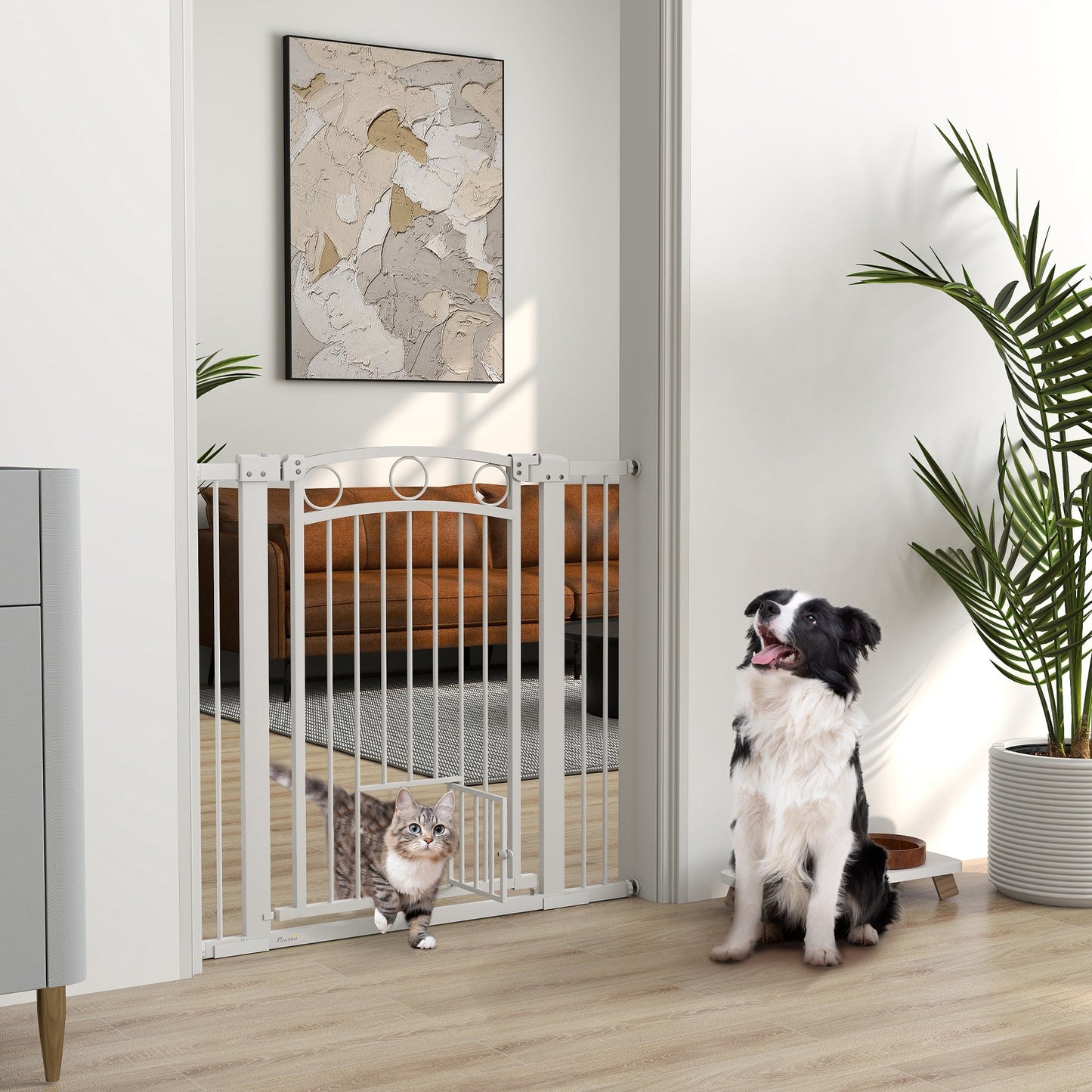 PawHut Stair Gate with Cat Door, Adjustable Width 76-104cm & 77cm Tall