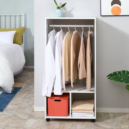 Rolling Open Wardrobe w/ Hanging Rod Storage Shelves Closet Organizer