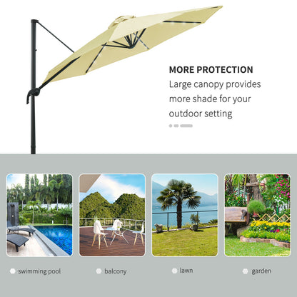 3M LED Cantilever Parasol Garden Sun Umbrella w/ Base and Solar Lights Beige