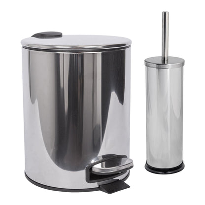 2pc 5L Chrome Round Stainless Steel Pedal Bin & Toilet Brush Set