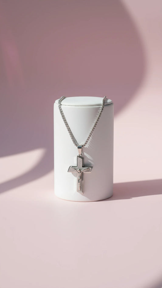 Layered Silver Textured Cross Necklace