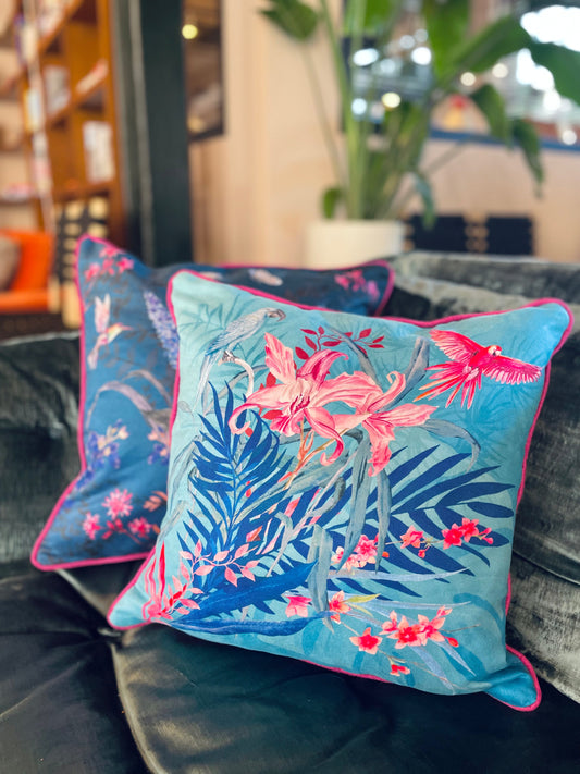 Terquoise tropical watercolour art Cushion 'Jungala' double sided design, made from Vegan friendly Suede