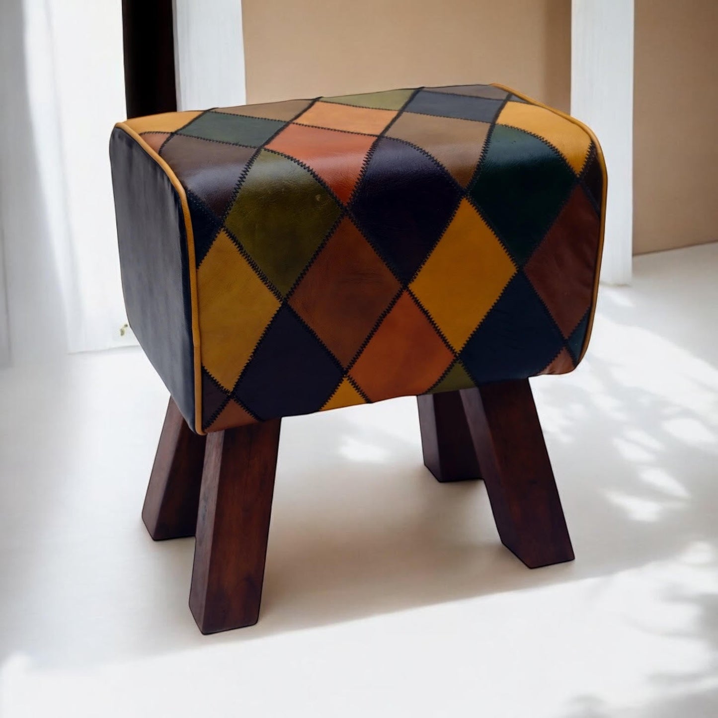 47CM LEATHER STOOL  Harlequin diamond pattern