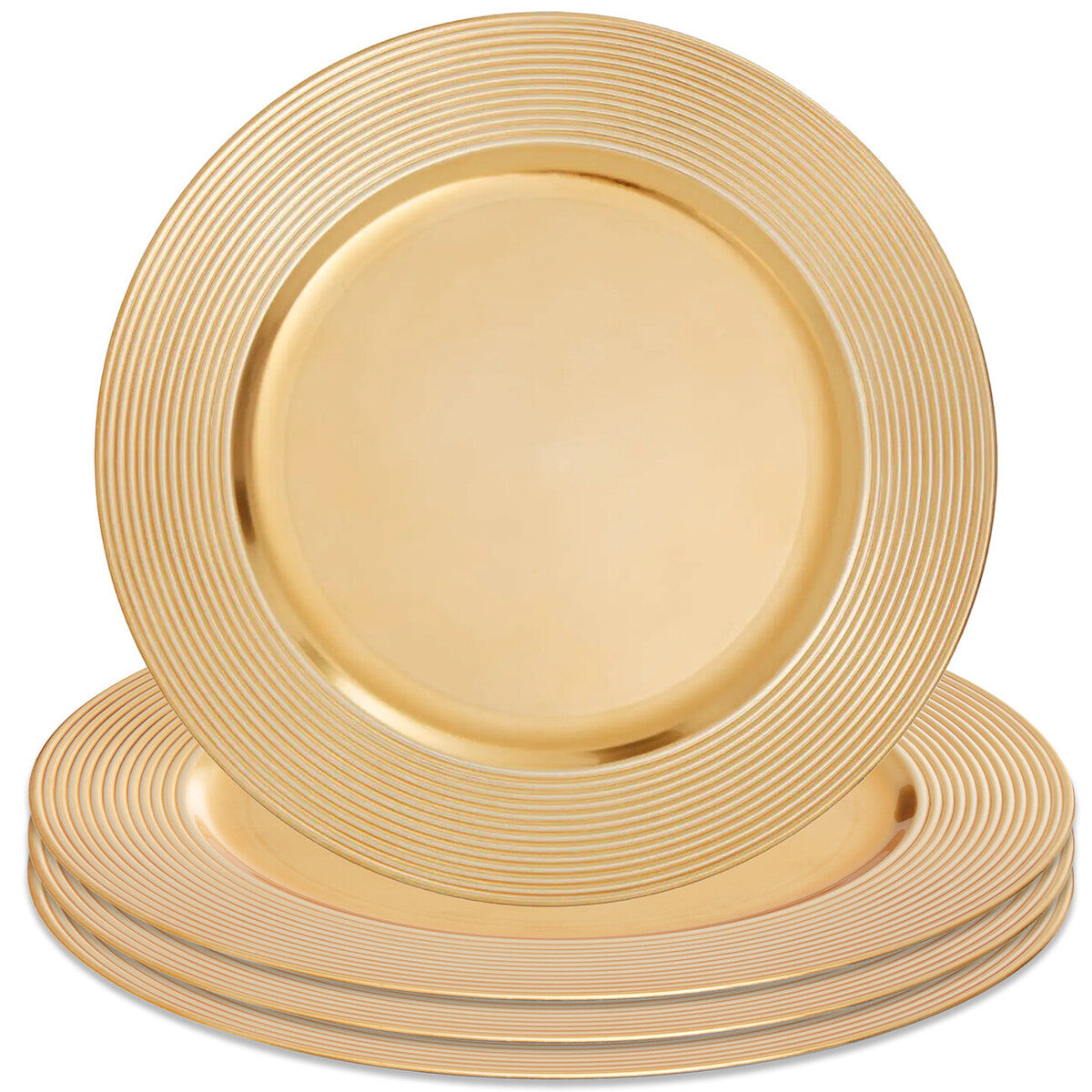 Set of Four 33cm Dia Gold Charger Plates with Ribbed Rims