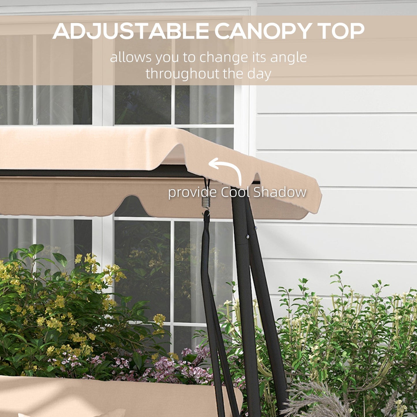 Outsunny 2-in-1 Garden Swing Chair for 3 Person w/ Adjustable Canopy Light Brown