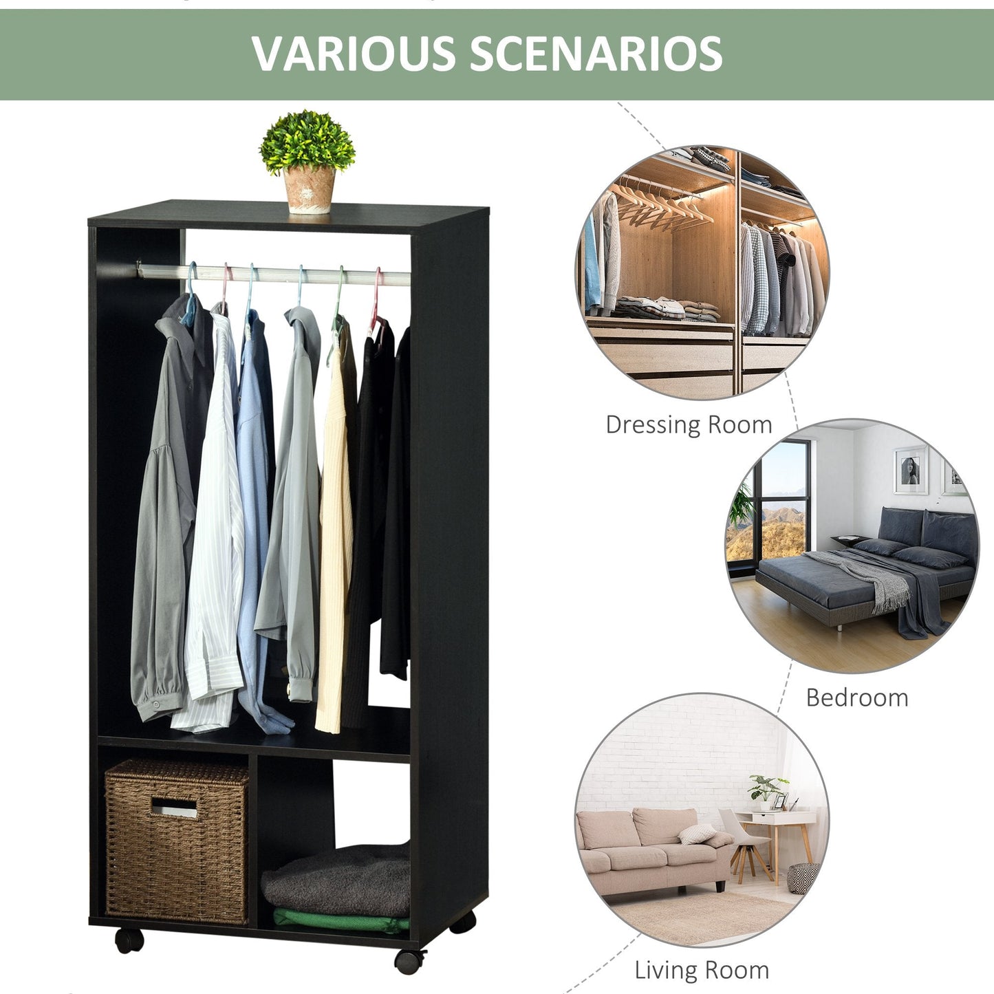 Rolling Open Wardrobe w/ Hanging Rod Storage Shelves Closet Organizer