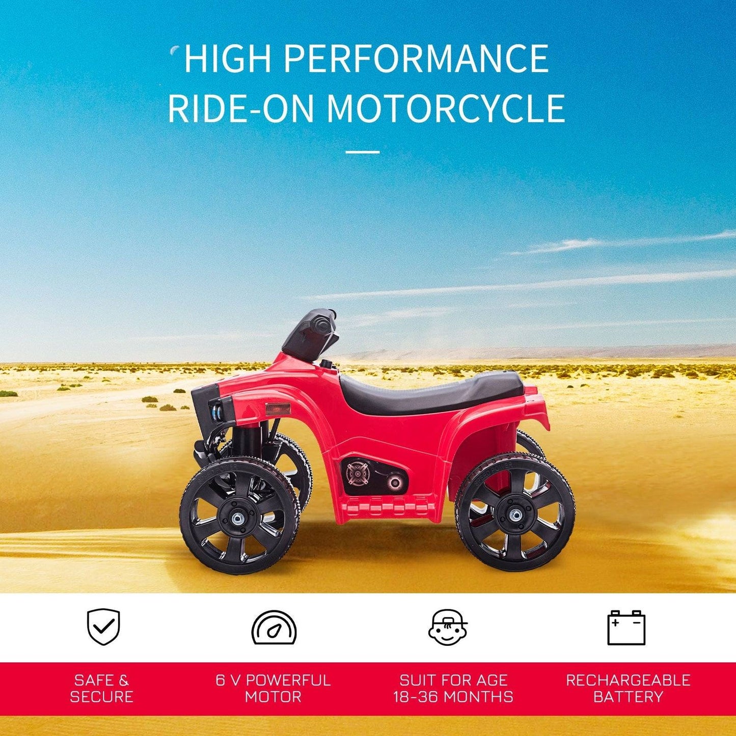6V Kids Electric Ride on Car ATV Toy Quad Bike With Headlights for Toddlers 18-36 months Red
