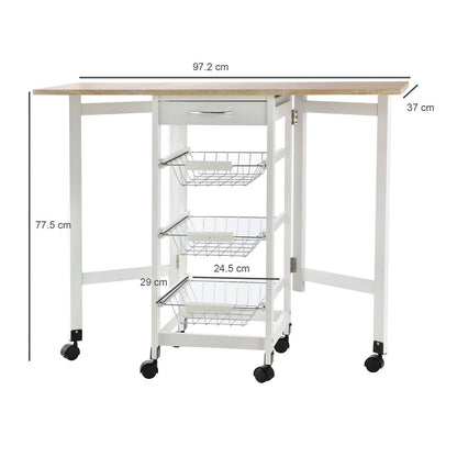 Homcom Drop-Leaf Kitchen Cart Trolley w/ 3 Baskets Drawer Surface Top 6 Universal Wheels Rolling Storage Unit Kitchen Home Dining Island White Oak Tone