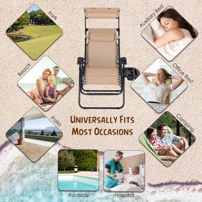 Zero Gravity Garden Deck Folding Chair Texteline Patio Sun Lounger Reclining Seat with Cup Holder & Canopy Shade - Beige