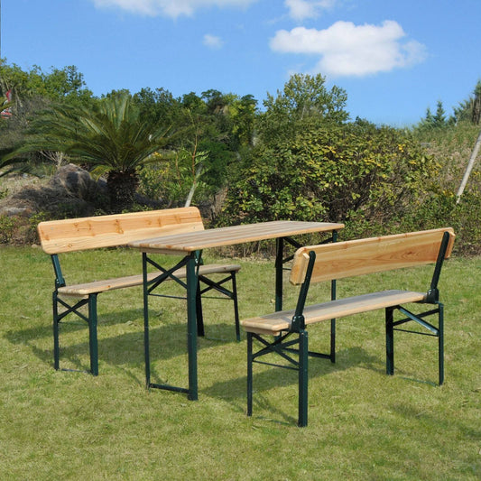 Portable Folding Camping Picnic Trestle Beer Table and 2 Bench Set Wooden Garden Furniture Patio Dining Party BBQ Chairs Stools