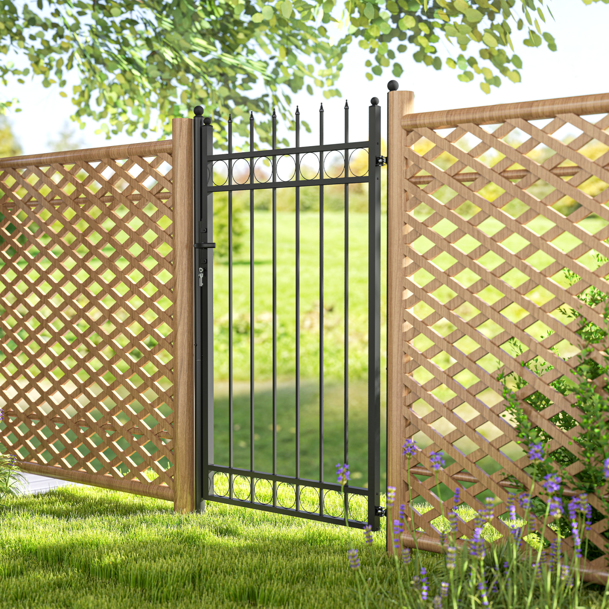 Outsunny Galvanised Steel Garden Fence Gate Security Barrier with Lock, Keys