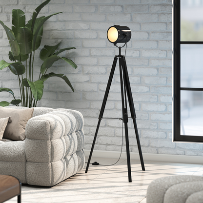 HOMCOM Industrial Tripod Floor Lamp Wood Height Adjustable Spotlight, Black