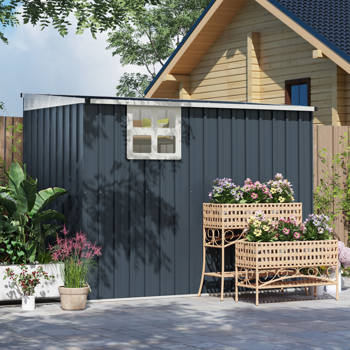 Outsunny 7.6 x 4ft Outdoor Garden Storage Shed with Window, Dark Grey
