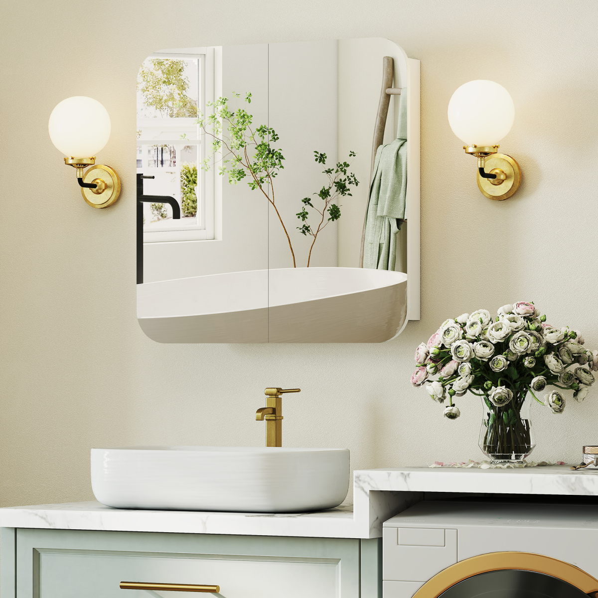 HOMCOM Arched Bathroom Mirror Cabinet, Wall Mounted Mirrored Cabinet