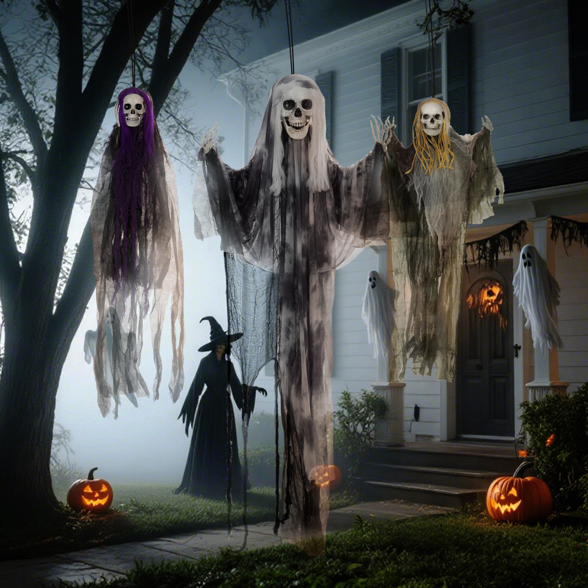HOMCOM Set of 3 Hanging Skeleton, Flying Ghost Halloween Decorations