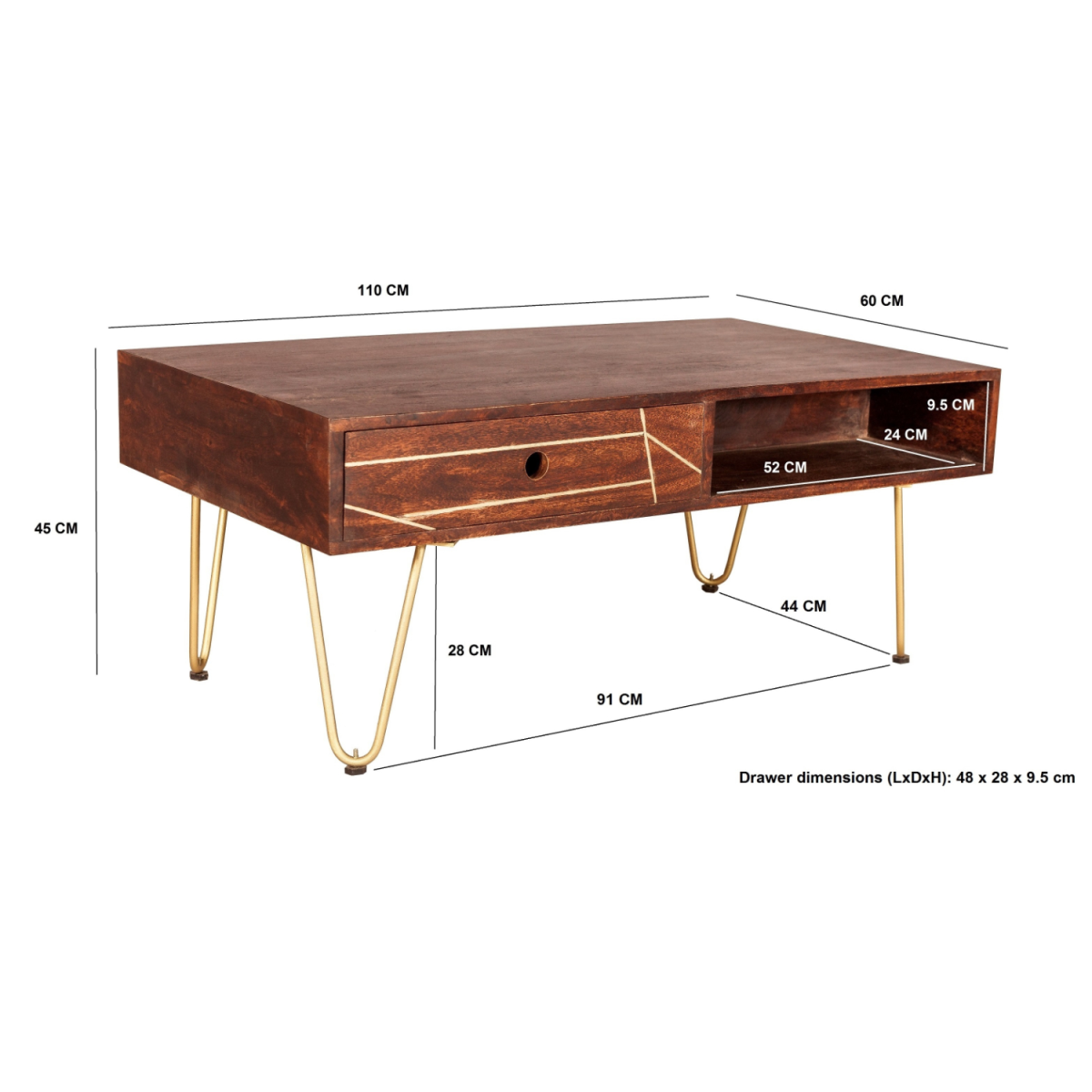 Dark Gold Rectangular Coffee Table With Drawer