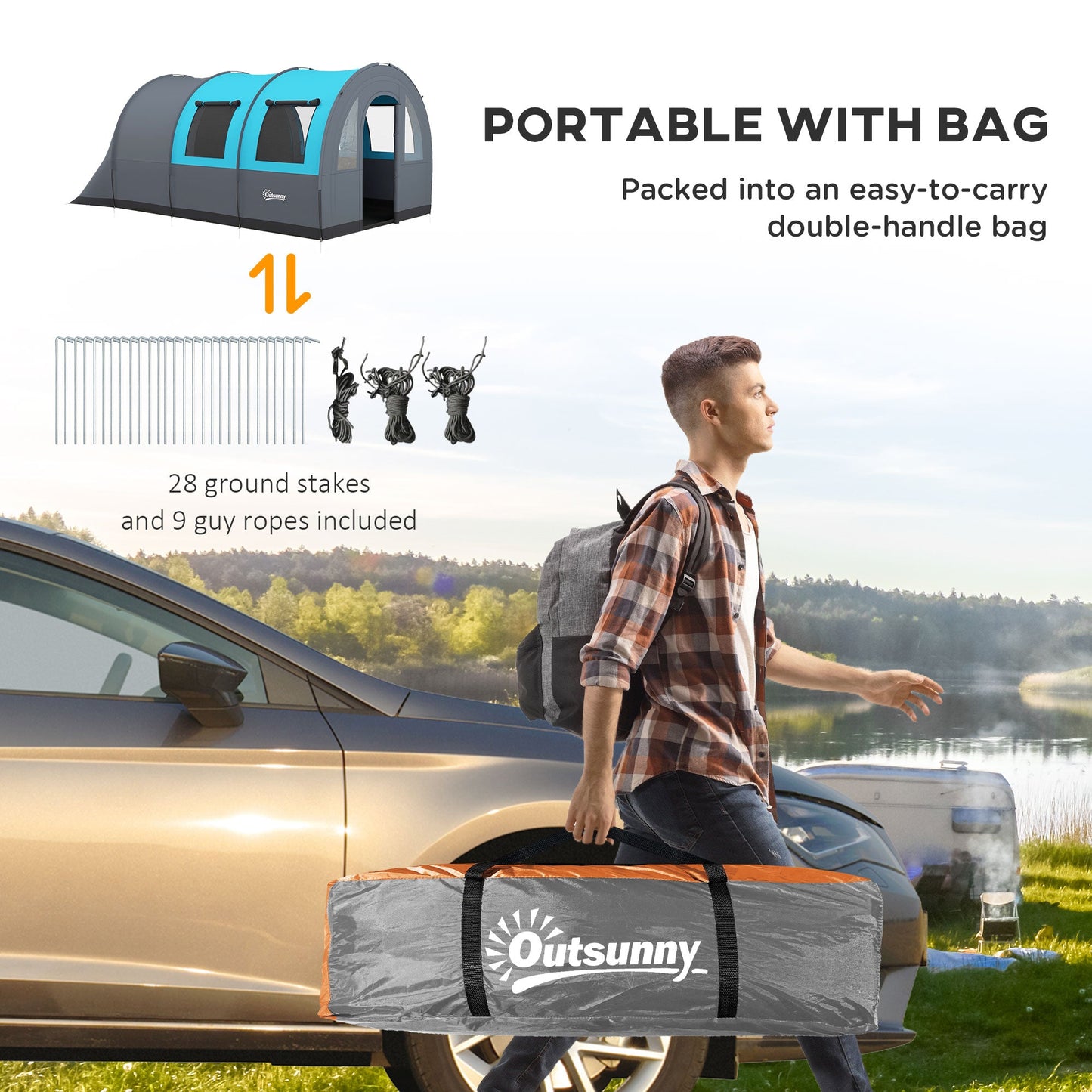 Outsunny Camping Tent, 3000mm Waterproof Family Tent for 5-6 Man, Grey and Blue