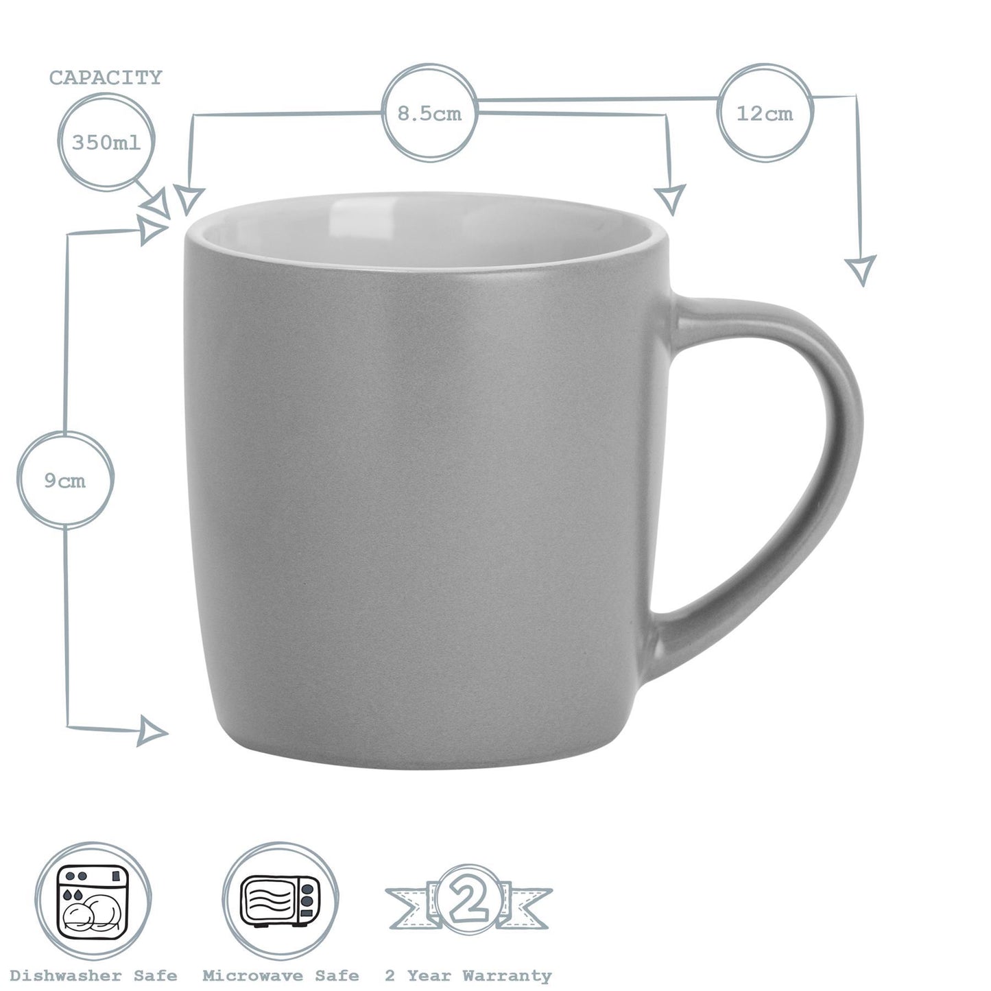 350ml Matt Grey Coloured Coffee Mugs - Pack of Six