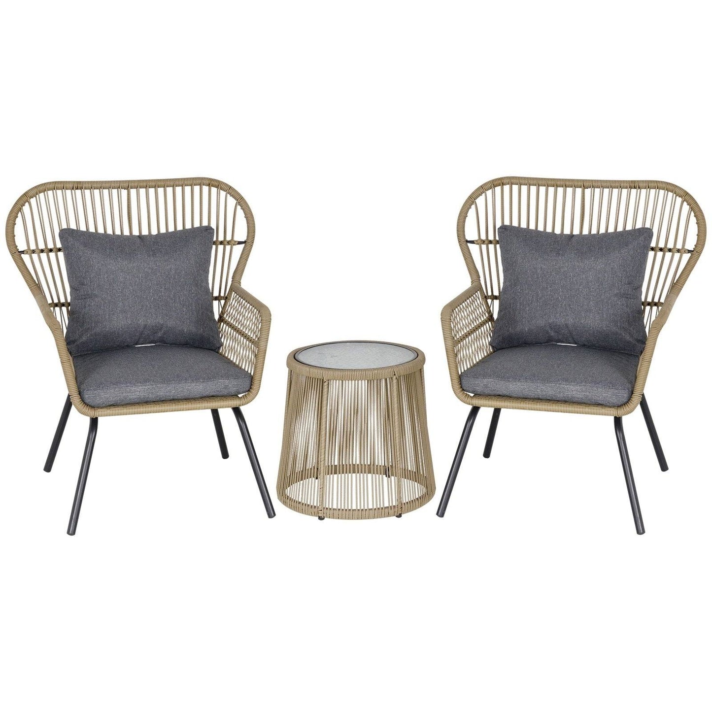 3-Piece PE Rattan Outdoor Conservatory Dining Set 2 Chairs Coffee Table Bistro Garden w/ Cushions Brown
