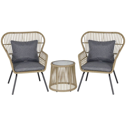 3-Piece PE Rattan Outdoor Conservatory Dining Set 2 Chairs Coffee Table Bistro Garden w/ Cushions Brown