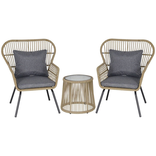 3-Piece PE Rattan Outdoor Conservatory Dining Set 2 Chairs Coffee Table Bistro Garden w/ Cushions Brown