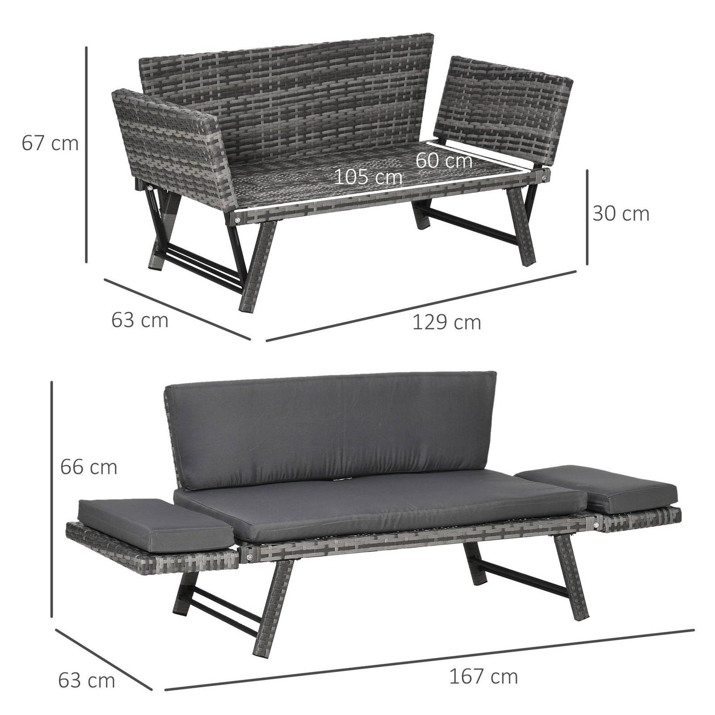 Outsunny 2 In 1 Rattan Folding Daybed Sofa Bench Garden Chaise Lounger Loveseat With Cushion Outdoor Patio Mixed Grey