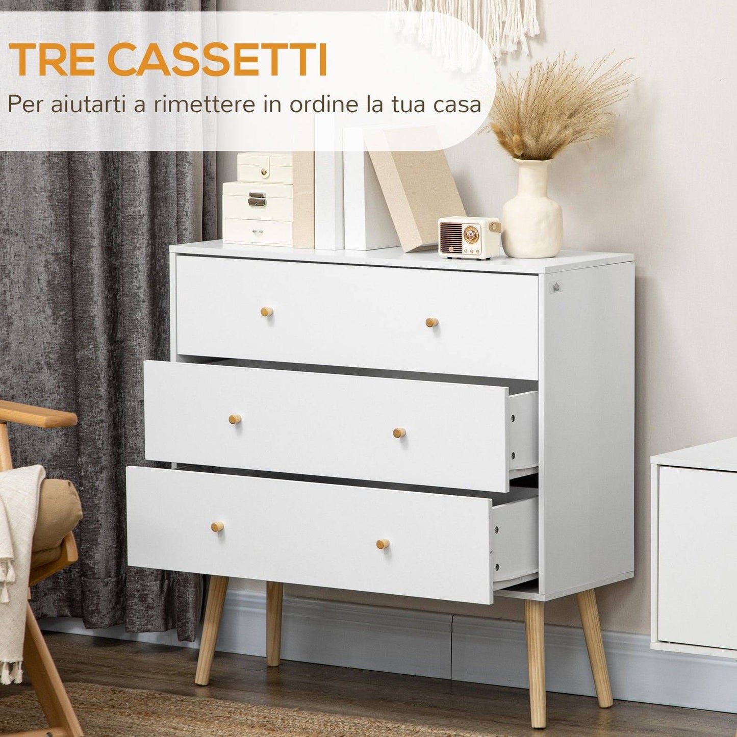 Chest Of Drawers 3-Drawer Storage Organiser Unit With Wood Legs For Bedroom Living Room White