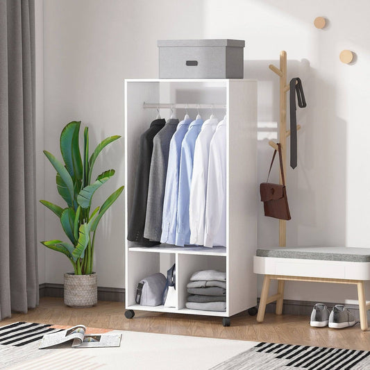 Rolling Open Wardrobe w/ Hanging Rod Storage Shelves Closet Organizer