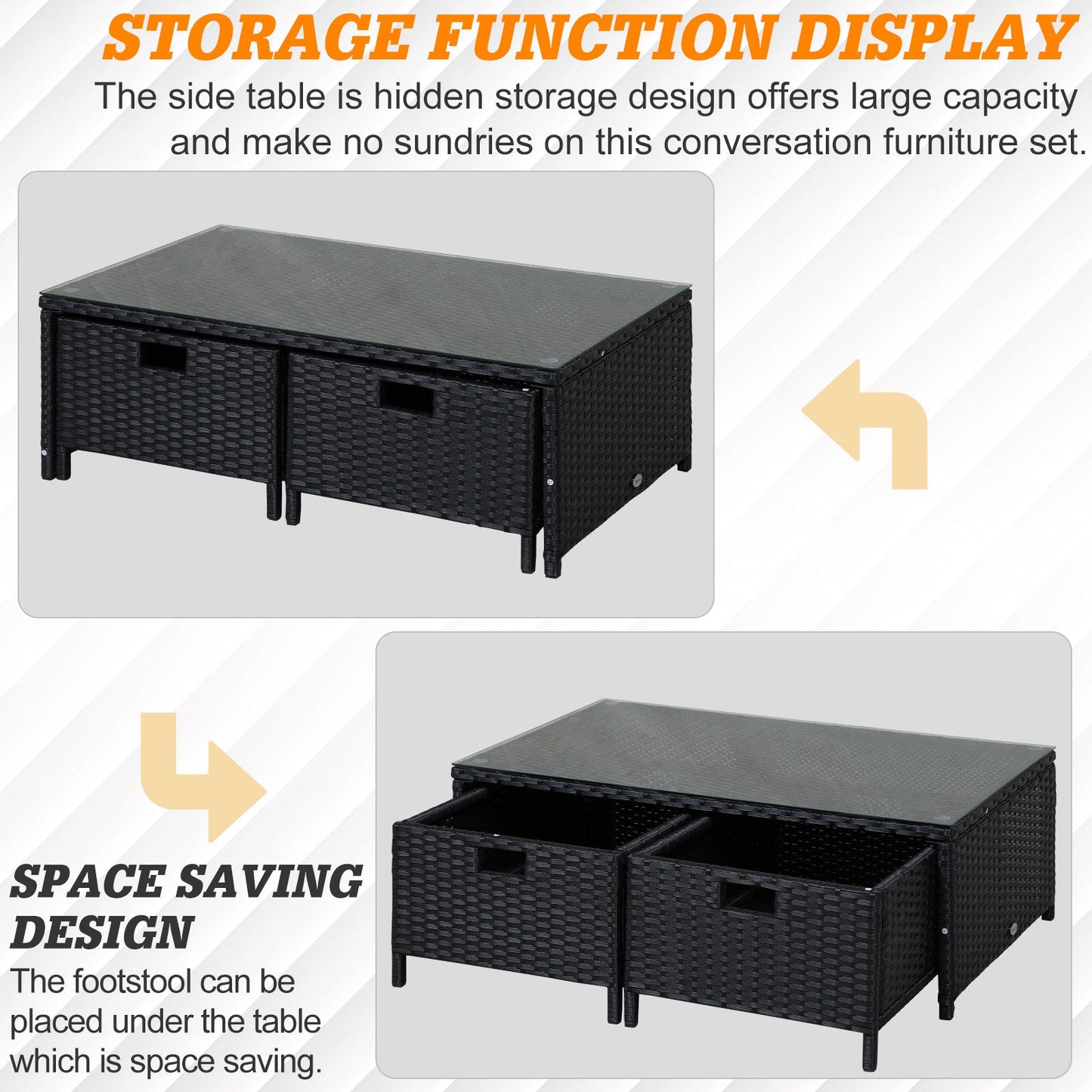 4-Piece Rattan Wicker Garden Furniture Patio Sofa Storage & Table Set w/ 2 Drawers Coffee Table