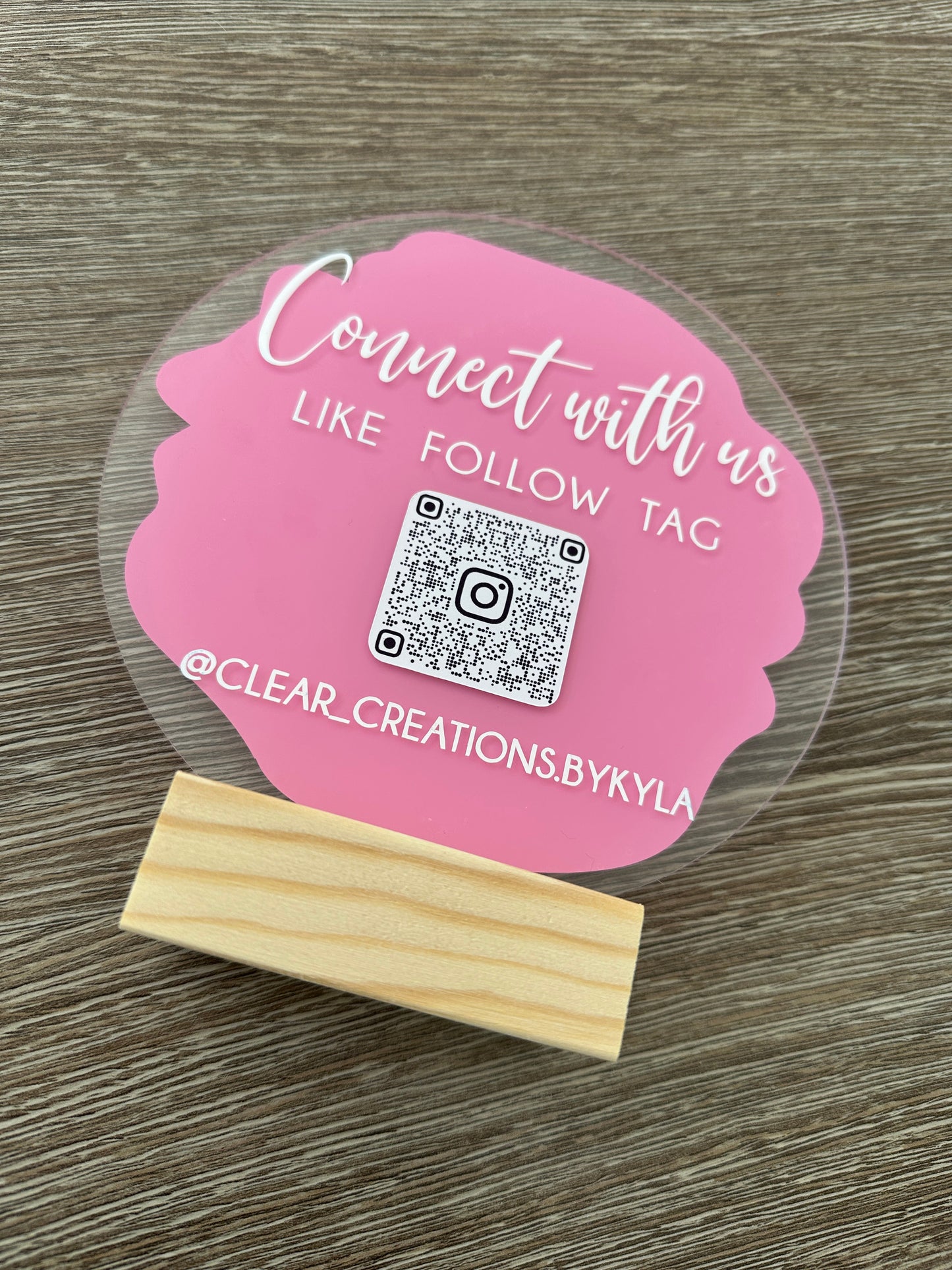 Connect With Us Social Media Handle Circle Acrylic Plaque Sign With Wooden Base