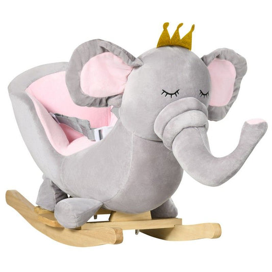Baby Rocking Horse Elephant Rocking Chair Rocker Toy With Wooden Base Seat Safety Belt For 1.5-3 Year Old Grey