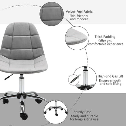 Ergonomic Office Chair Velvet Computer Home Study Chair Armless With Wheels Grey