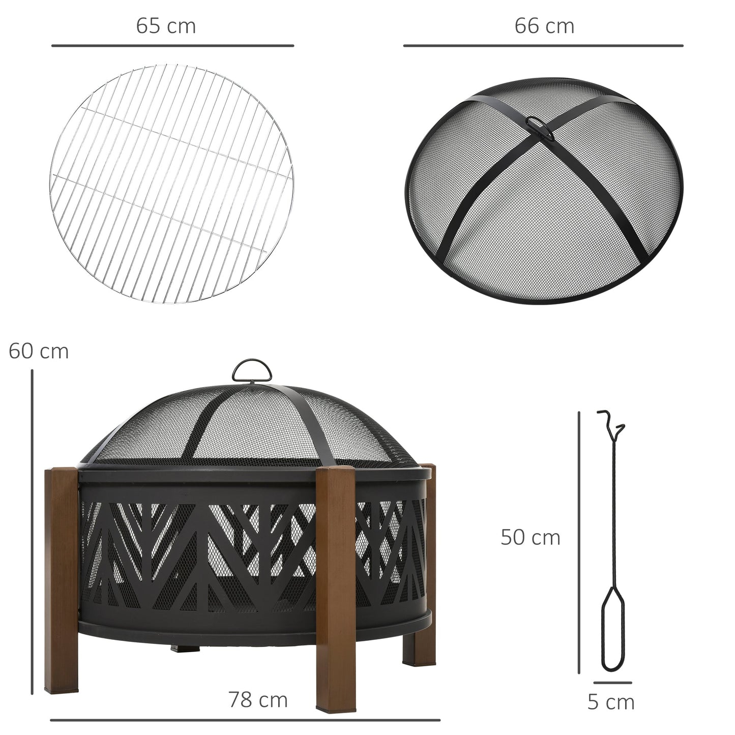 Outdoor Fire Pit with Grill Cooking Grate Screen Cover Fire Poker Bonfire Patio