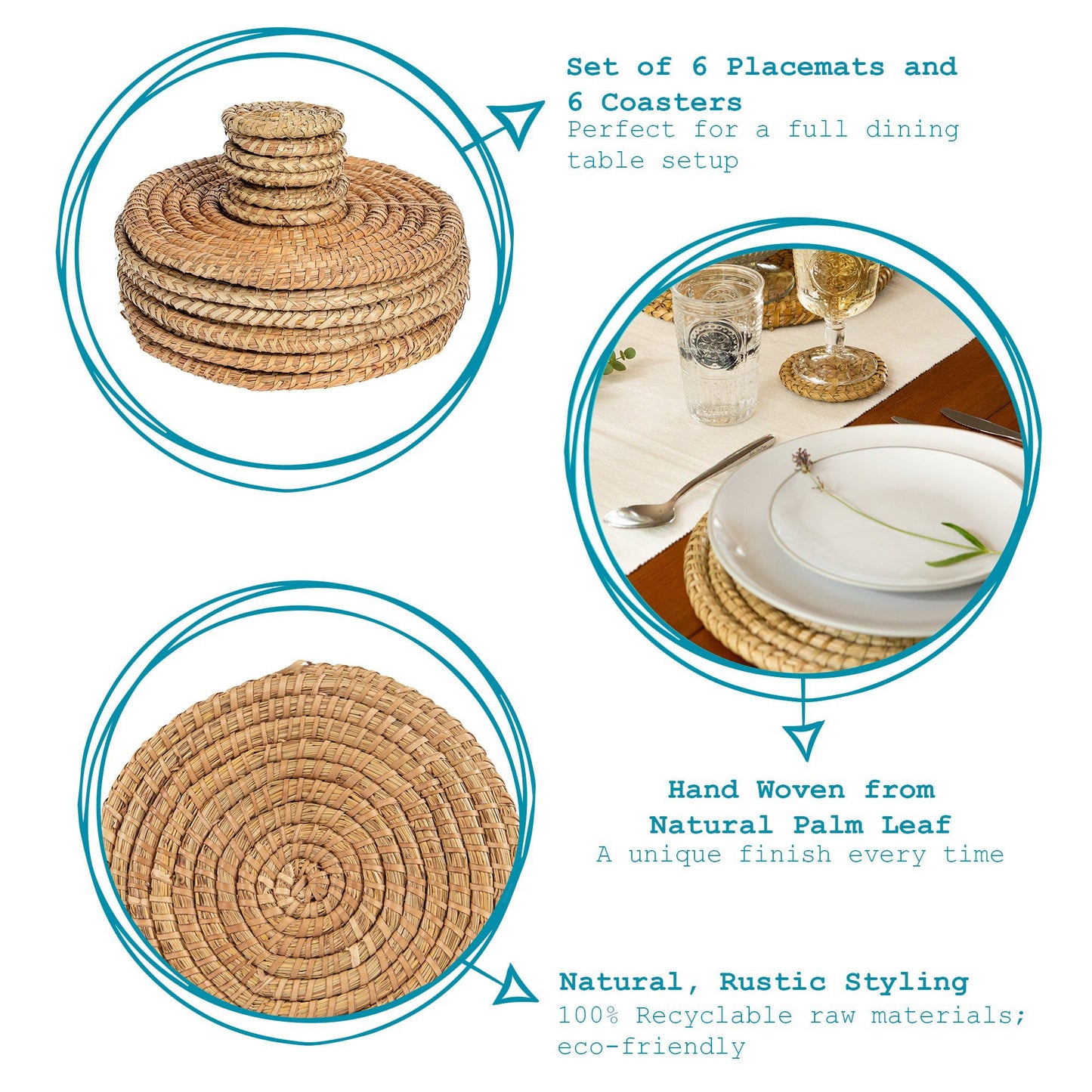 12pc Woven Palm Leaf Placemats & Coasters Set