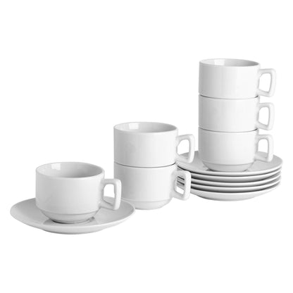 200ml White China Stacking Teacups & Saucers - 6 Sets