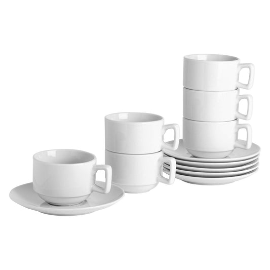 200ml White China Stacking Teacups & Saucers - 6 Sets