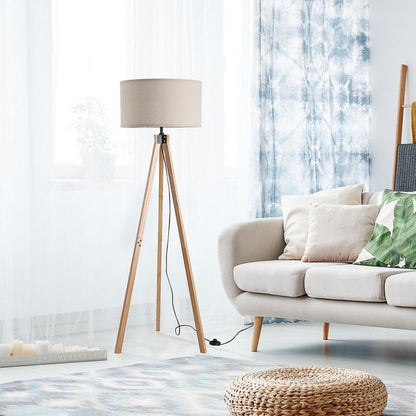 5Ft Elegant Wood Tripod Floor Lamp Free Standing E27 Bulb Lamp Versatile Use For Home Office - Beige
