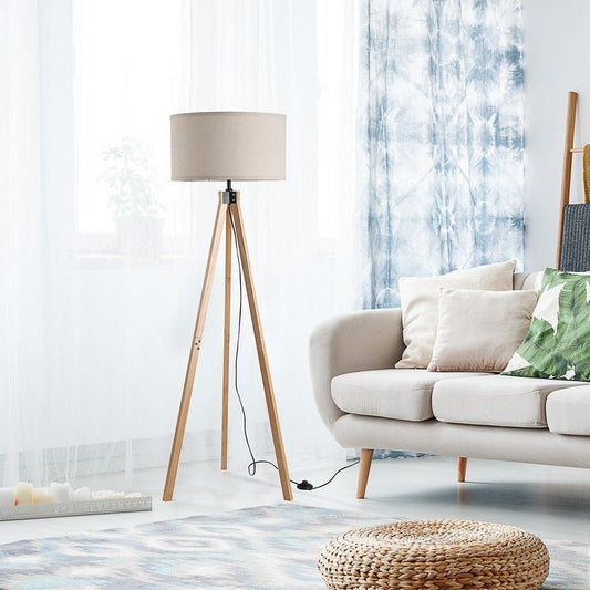 5Ft Elegant Wood Tripod Floor Lamp Free Standing E27 Bulb Lamp Versatile Use For Home Office - Beige