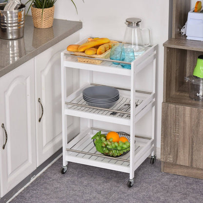 3-Tier Home Trolley Kitchen Storage Cart w/ Steel Bars 4 Universal Wheels Rolling Unit Organiser Living Room White