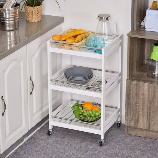 3-Tier Home Trolley Kitchen Storage Cart w/ Steel Bars 4 Universal Wheels Rolling Unit Organiser Living Room White