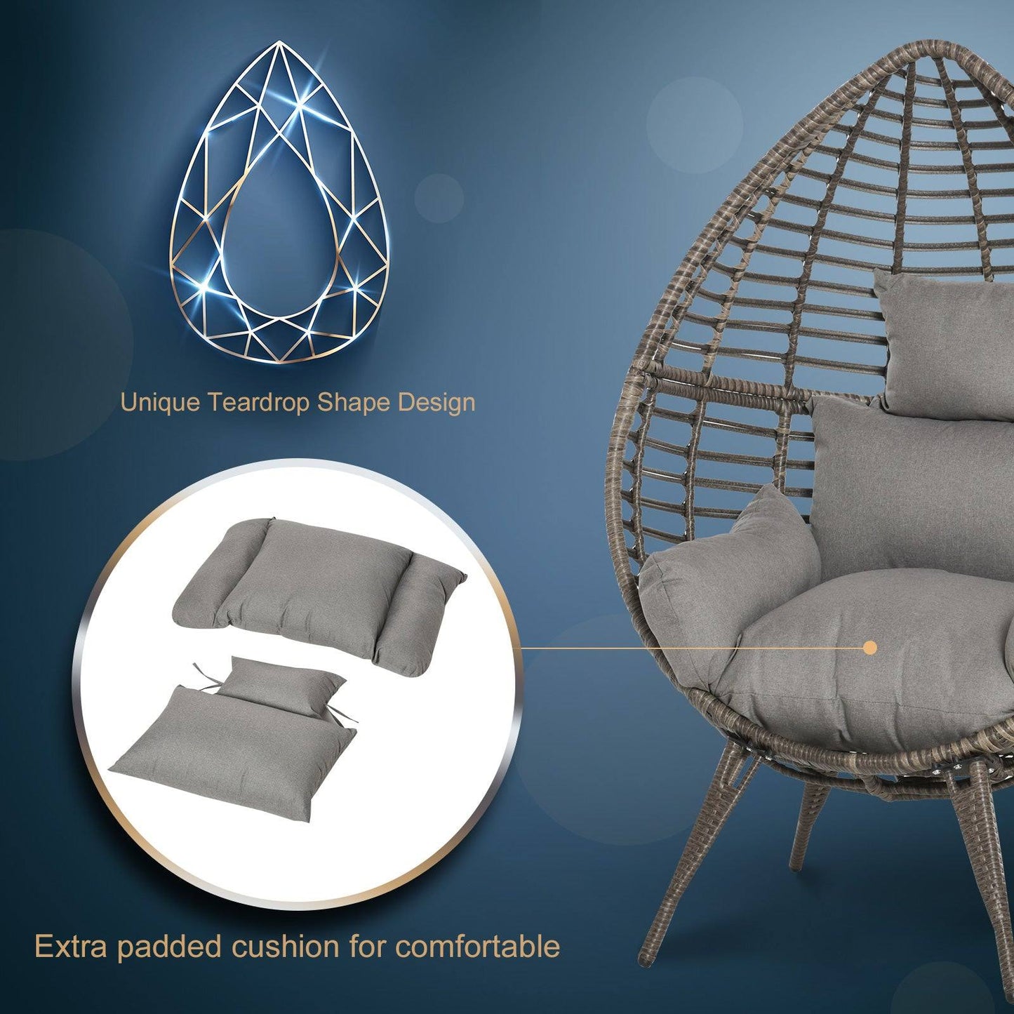 Teardop PE Wicker Rattan Chair w/ Thick Cushions 4 Legs Outdoor Seat Egg Garden