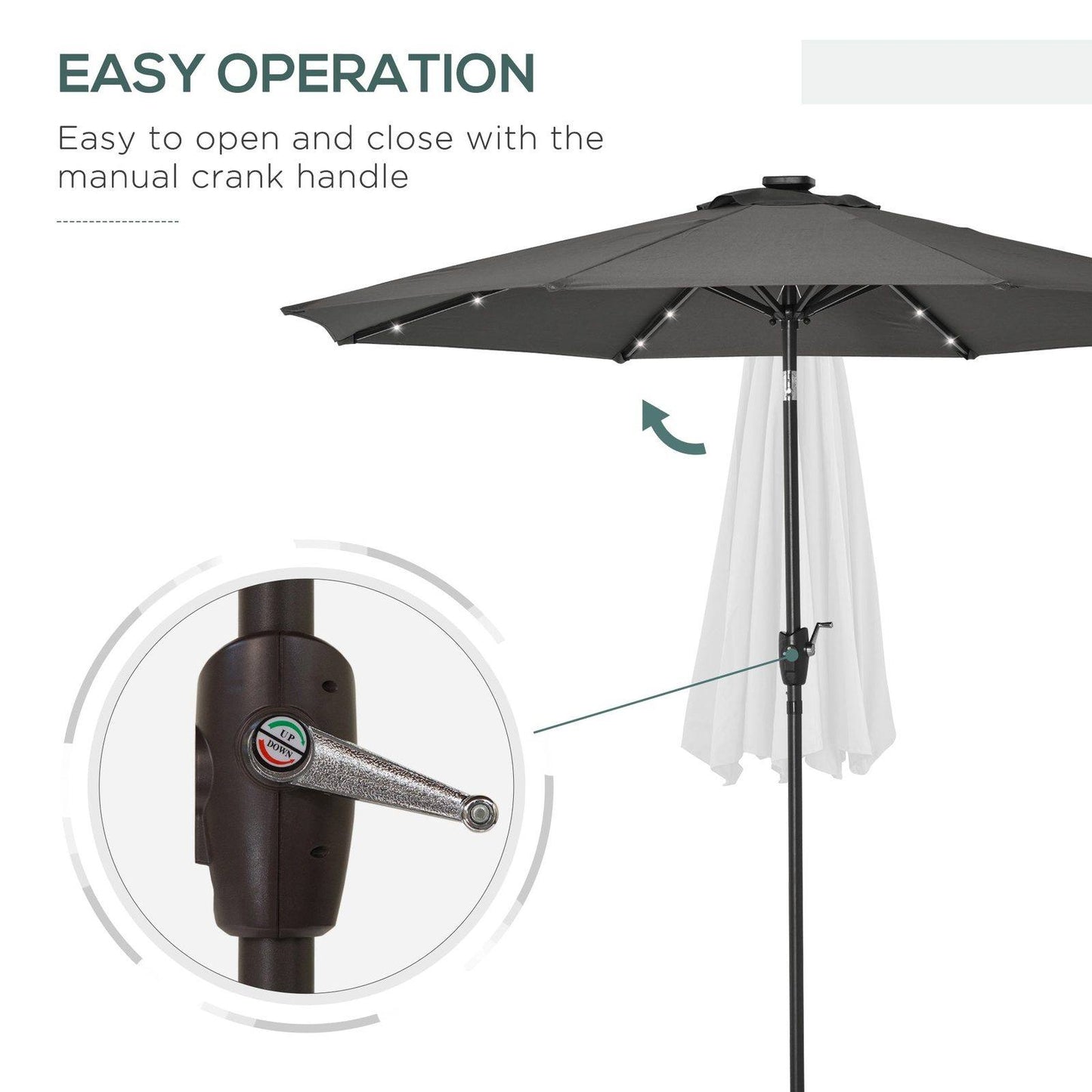 Garden Parasol Outdoor Tilt Sun Umbrella Patio 24 LED Light Hand Crank Grey
