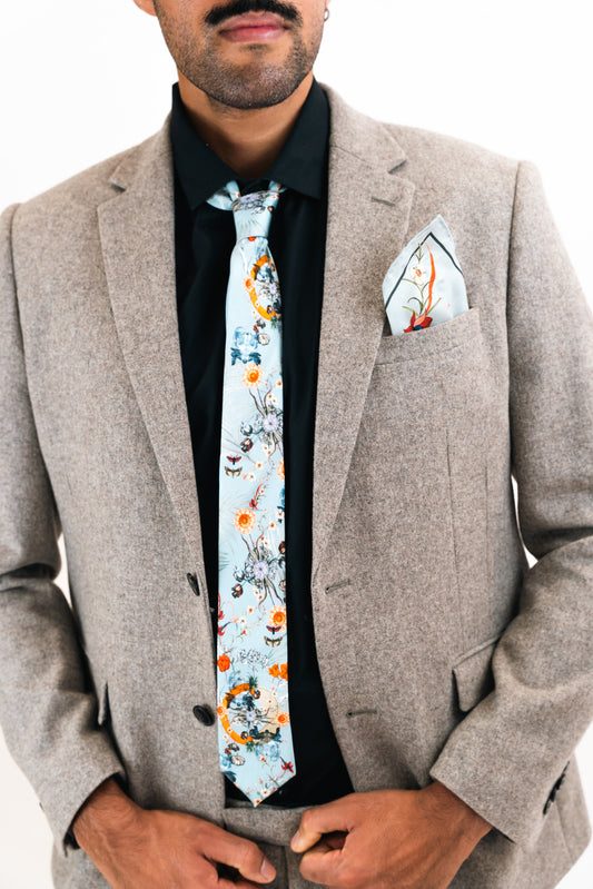 Pale blue silk tie with floral pattern 'Evolution' Men's Luxury Silk necktie