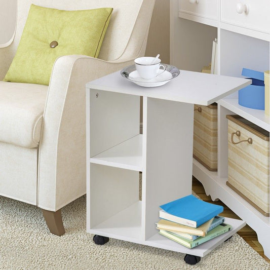 C Shape End Table Unique Storage Unit W 2 Shelves 4 Wheels Freestanding Home Office Furniture Cabinet Square Studio White