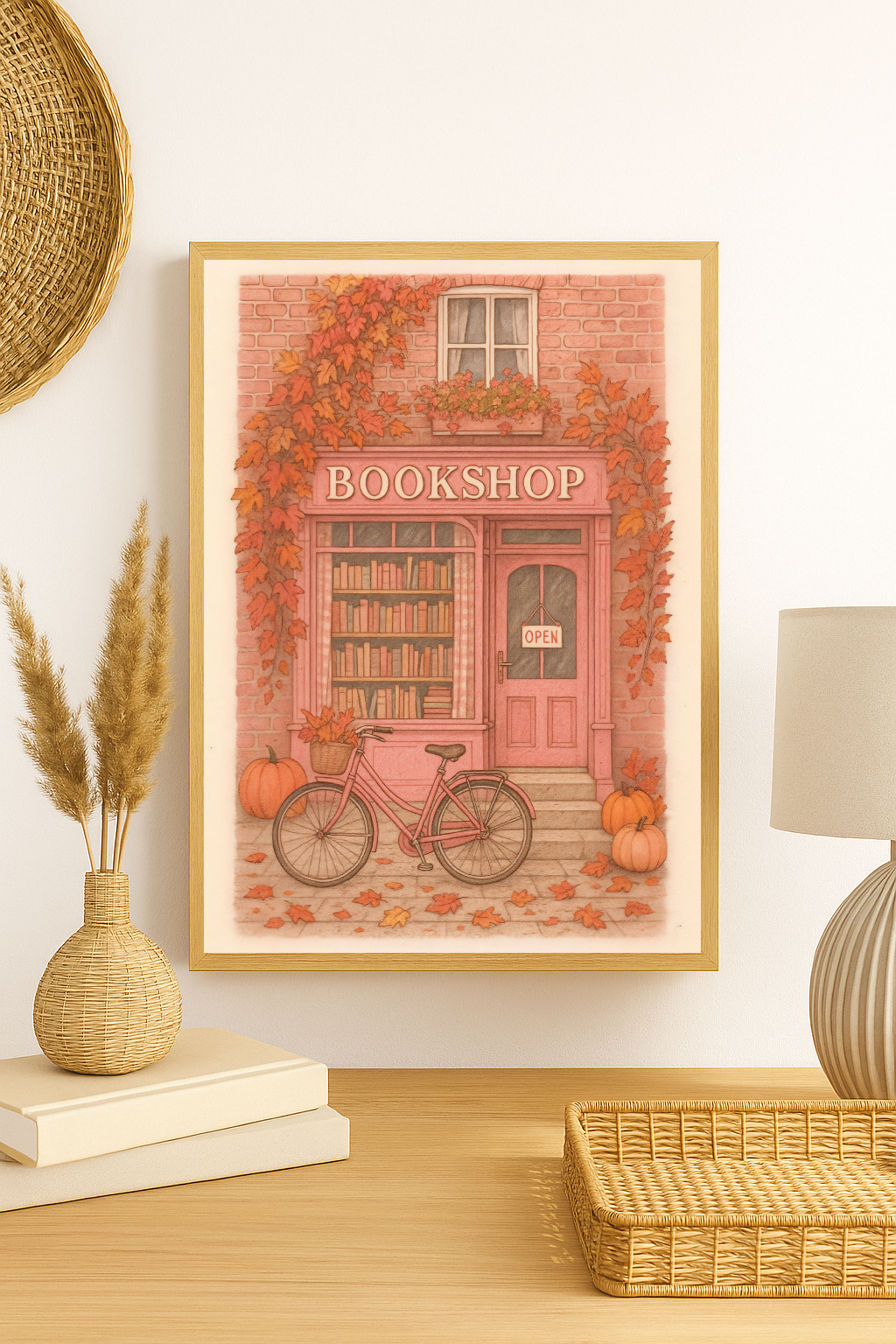 Autumn Bookshop Wall Art – Cozy Fall Print with Bicycle, Pumpkins & Leaves
