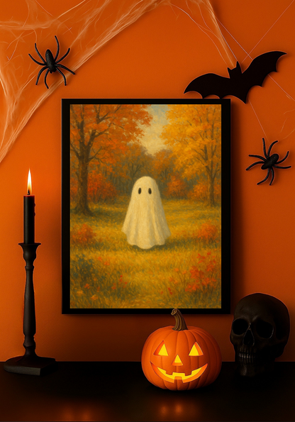 Autumn Ghost in the Woods – Cozy Halloween Wall Art Print