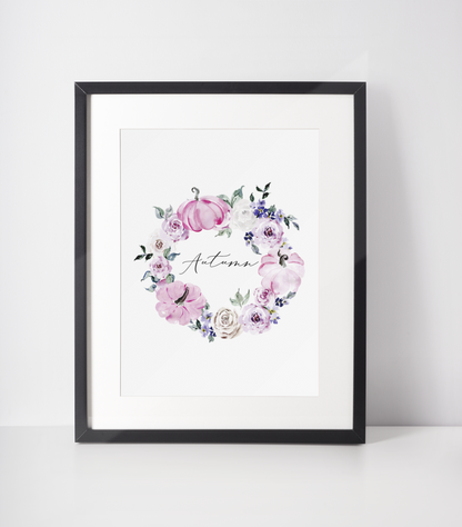 Autumn Pink Pumpkin Wreath Autumn Seasonal Wall Home Decor Print