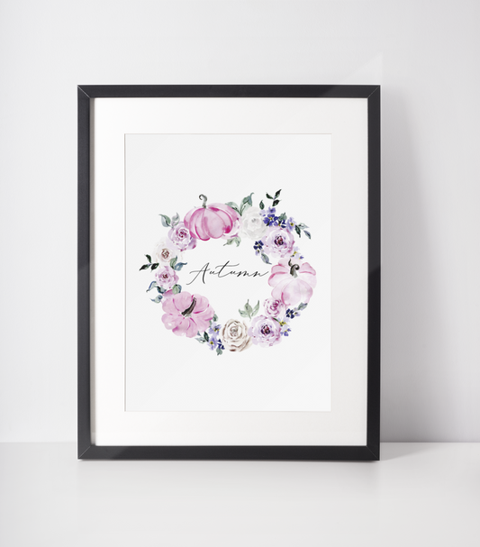 Autumn Pink Pumpkin Wreath Autumn Seasonal Wall Home Decor Print